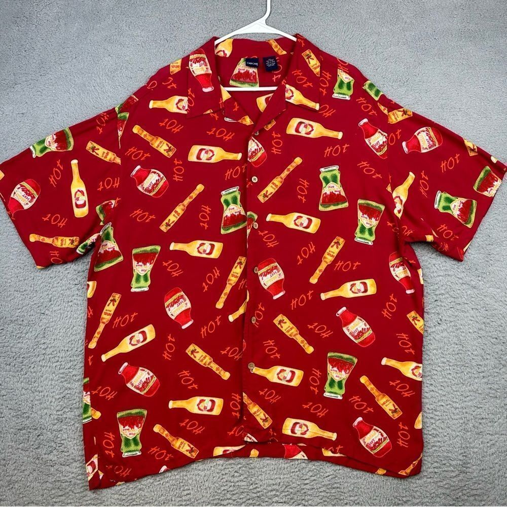 Cherokee Shirt Mens Extra Large Red Hawaiian Hot Sauce Allover Print Rayon Beach